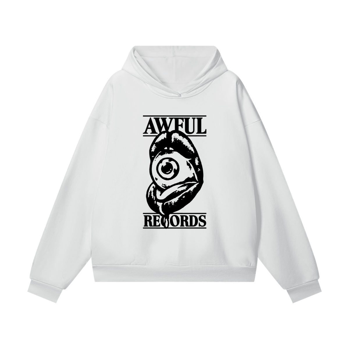 The Big Awful Hoodie in lucent white, front view