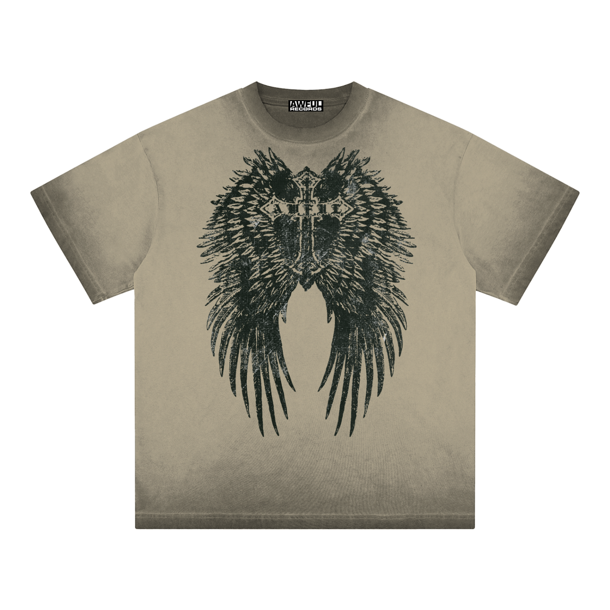 Saint Awful tee, gothic winged cross graphic on a reverse dyed green t-shirt